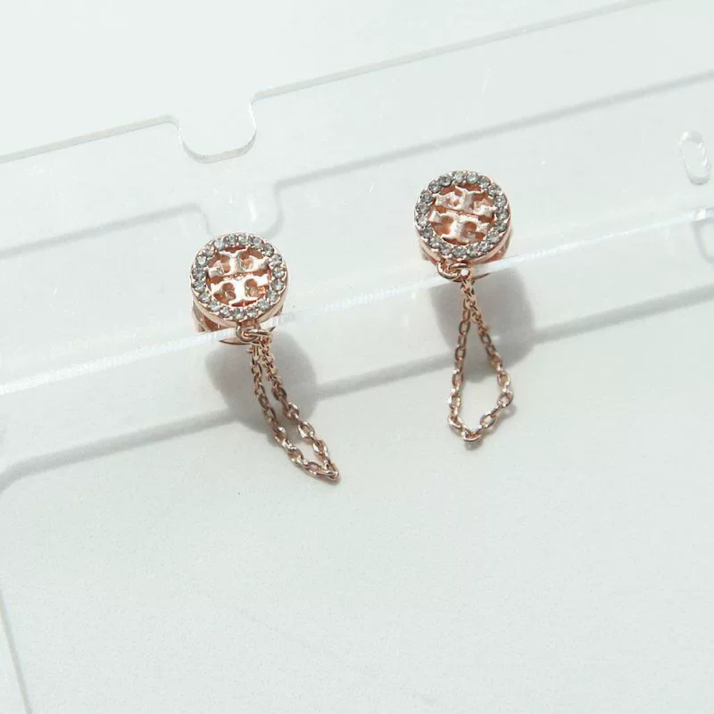 Tory Burch Rose Gold Diamond Round Double Chain Logo Earrings